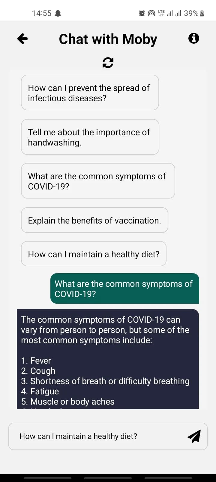 Placeholder mock-up of the Moby chatbot assisting a health worker on a phone screen.